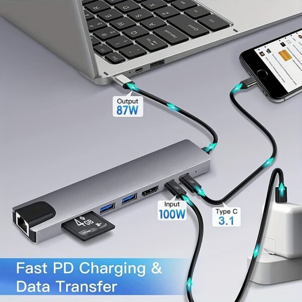 8-in-1 USB-C Hub with 4K HDMI, Ethernet, SD/TF, and PD Charging - For MacBook & Windows Laptops - Image 2