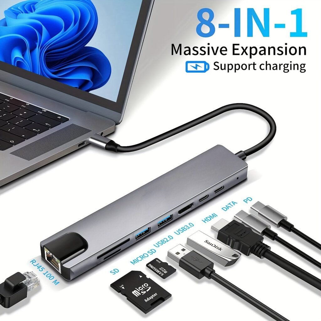 8-in-1 USB-C Hub with 4K HDMI, Ethernet, SD/TF, and PD Charging - For MacBook & Windows Laptops