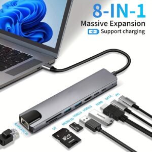 8-in-1 USB-C Hub with 4K HDMI, Ethernet, SD/TF, and PD Charging - For MacBook & Windows Laptops