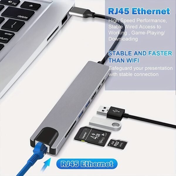 8-in-1 USB-C Hub with 4K HDMI, Ethernet, SD/TF, and PD Charging - For MacBook & Windows Laptops - Image 5