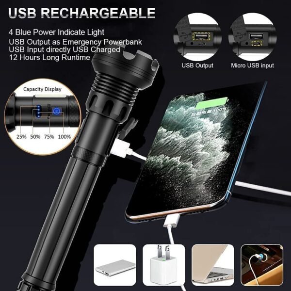 High Lumen LED Tactical Flashlight - Rechargeable with Laser Light - Image 3