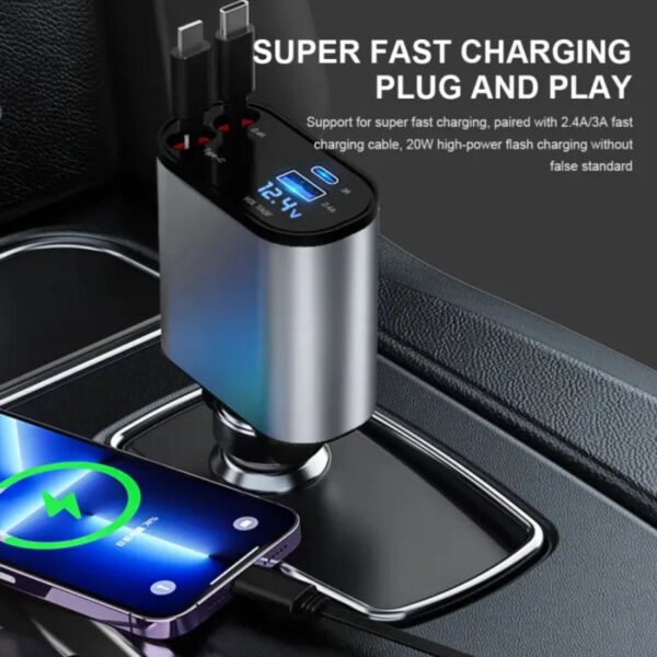 120W Car Charger 4-in-1 - Fast USB & Type C with Retractable Cable - Image 2