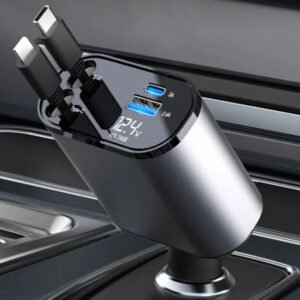 120W Car Charger 4-in-1 - Fast USB & Type C with Retractable Cable