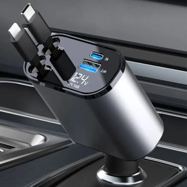 120W Car Charger 4-in-1 - Fast USB & Type C with Retractable Cable