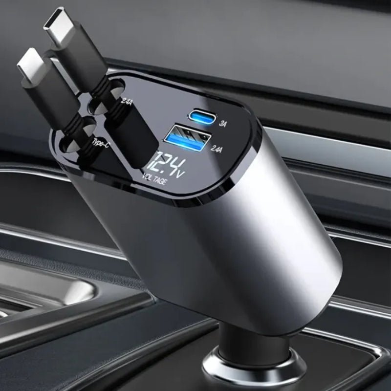 120W Car Charger 4-in-1 - Fast USB & Type C with Retractable Cable