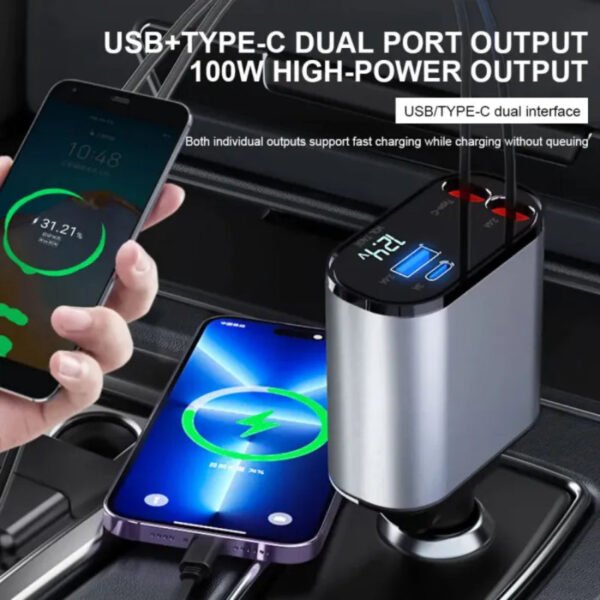 120W Car Charger 4-in-1 - Fast USB & Type C with Retractable Cable - Image 3