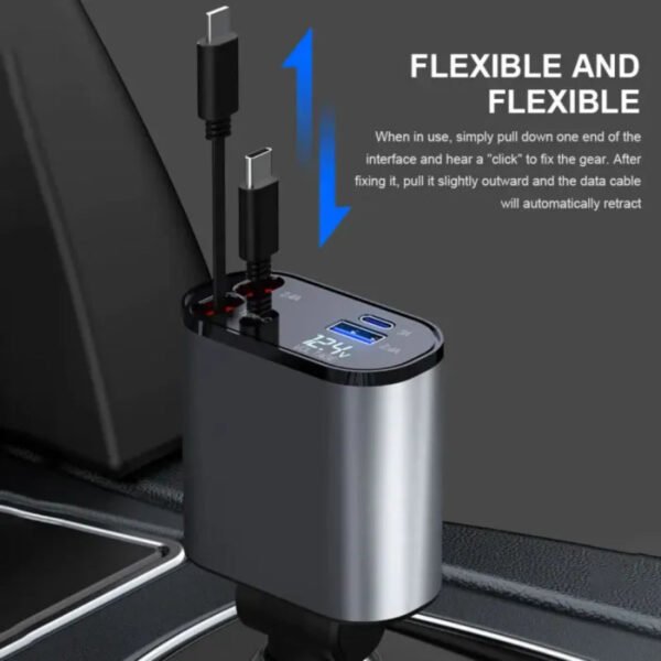 120W Car Charger 4-in-1 - Fast USB & Type C with Retractable Cable - Image 4