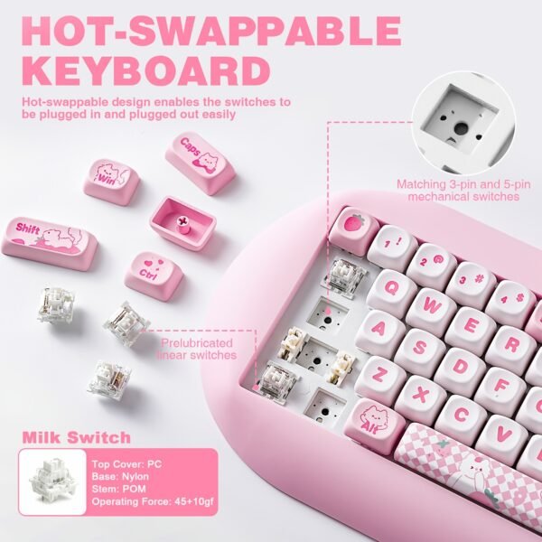 YUNZII C68 Triple Mode Mechanical Keyboard, Pink RGB, Hot-Swap, Gaming/Office, Win/Mac - Image 5