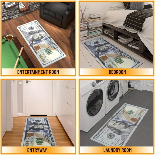 Modern $100 Bill Runner Rug 24"x63" – Non-Slip, Machine Washable, Rubber Back for Safety - Image 4