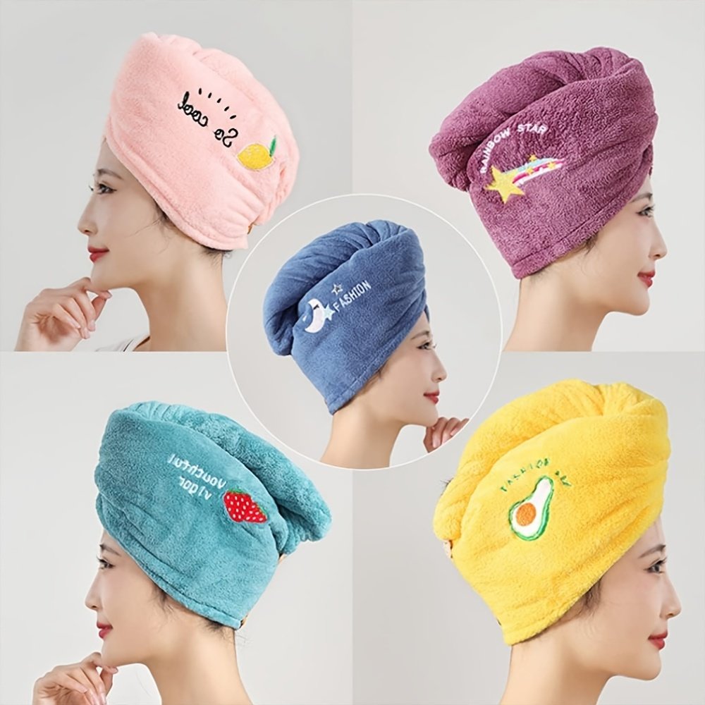 4-Pack Coral Fleece Hair Towel Turbans, Quick-Dry Super Absorbent Hair Wraps with Embroidery, 100% Cotton Hair Drying Caps for Women