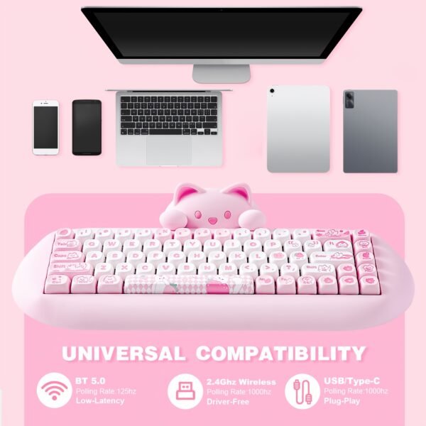 YUNZII C68 Triple Mode Mechanical Keyboard, Pink RGB, Hot-Swap, Gaming/Office, Win/Mac - Image 8