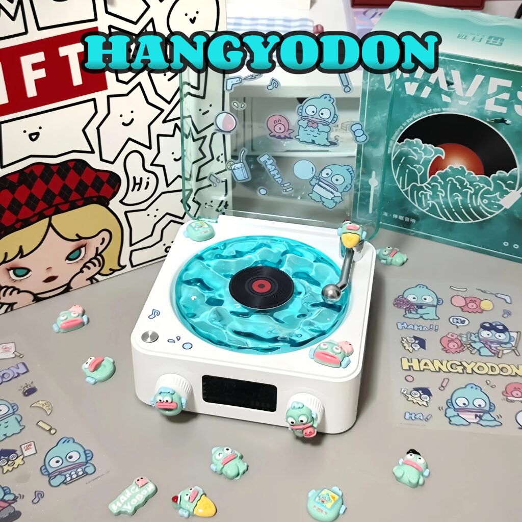 Sanrio Vinyl Record Player – Hello Kitty, Kuromi, Cinnamoroll Options, Wireless Speaker, DIY Accessories, Wave Lights, Desktop Clock, Perfect Gift for Music Lovers
