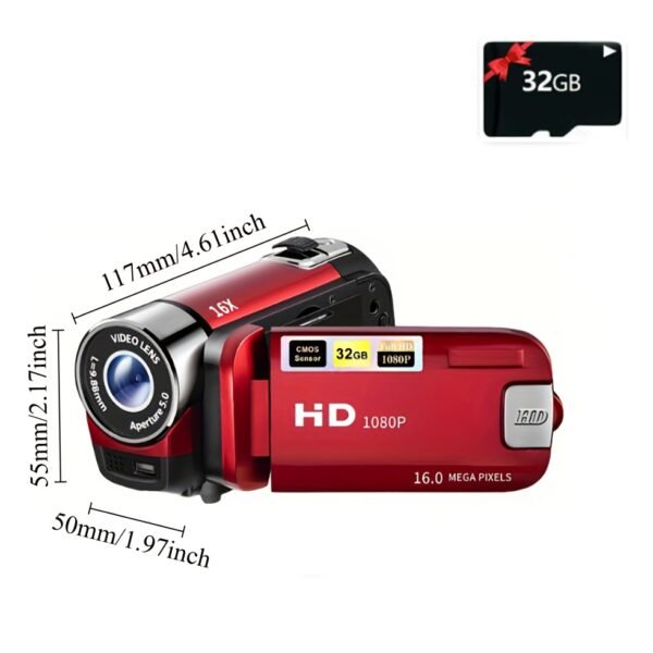 HD 1080P Camcorder – 16x Digital Zoom, 270° Flip Screen, 32GB Card, Wide-Angle, Portable Video Camera with LED, USB Charging - Image 9