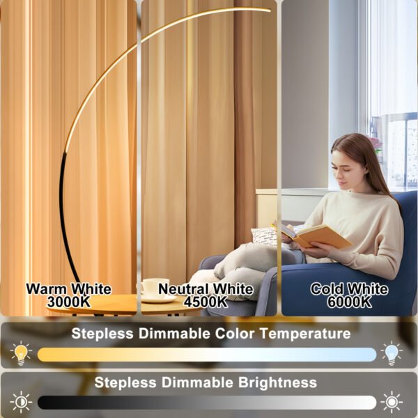 65" Modern Arched Floor Lamp | Remote | Dimmable 3-Color LED | Black | Bedroom & Living Room - Image 3