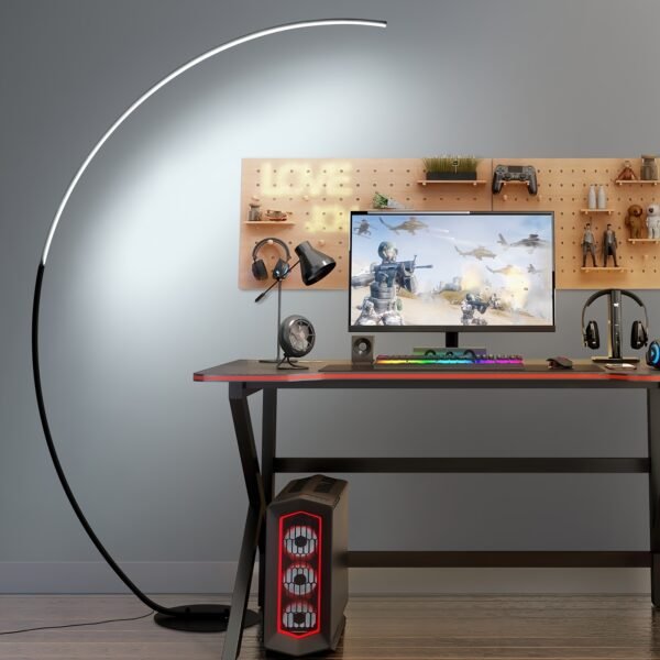 65" Modern Arched Floor Lamp | Remote | Dimmable 3-Color LED | Black | Bedroom & Living Room - Image 4