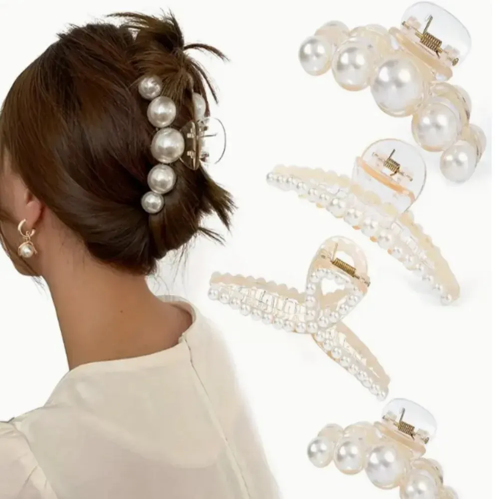 Large Pearl Shark Hair Clips 4pcs | Simple Elegant Temperament Hair Accessories for Women Styling