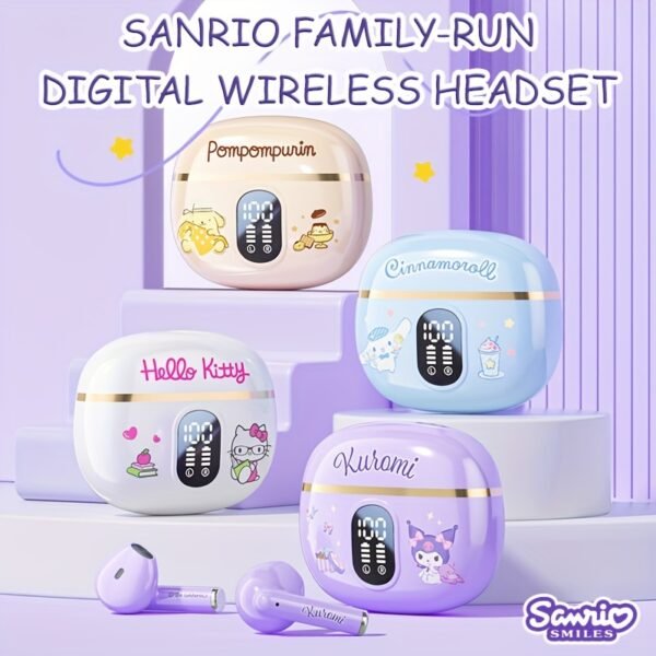 Sanrio Wireless Earphones – 3 Cute Styles with LED Display, Smart Calls & Portable Design for Study, Exercise, or Gifts