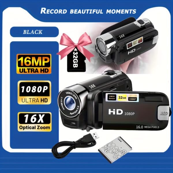 HD 1080P Camcorder – 16x Digital Zoom, 270° Flip Screen, 32GB Card, Wide-Angle, Portable Video Camera with LED, USB Charging - Image 8