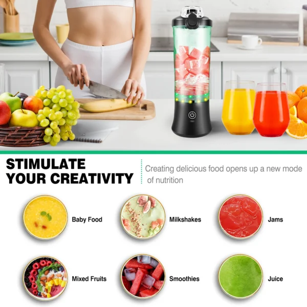 600ml Portable Smoothie Blender, USB Rechargeable Mini Blender for Travel, Powerful Ice Crushing & Large Capacity - Image 3