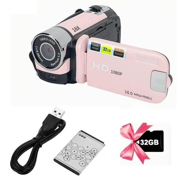 HD 1080P Camcorder – 16x Digital Zoom, 270° Flip Screen, 32GB Card, Wide-Angle, Portable Video Camera with LED, USB Charging - Image 7