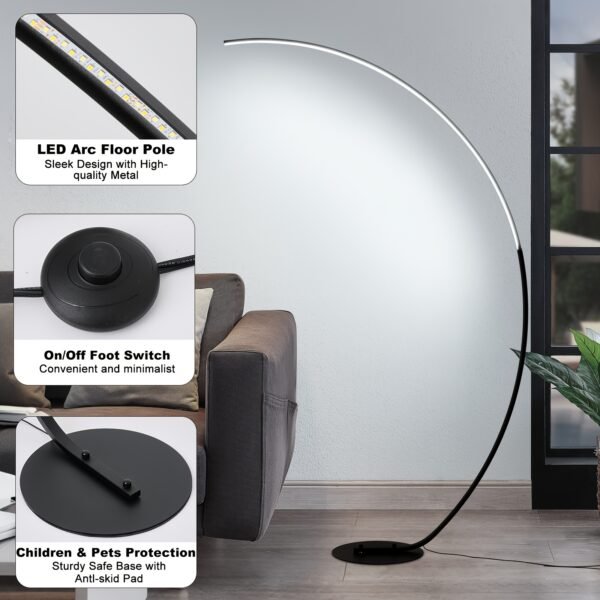 65" Modern Arched Floor Lamp | Remote | Dimmable 3-Color LED | Black | Bedroom & Living Room - Image 5