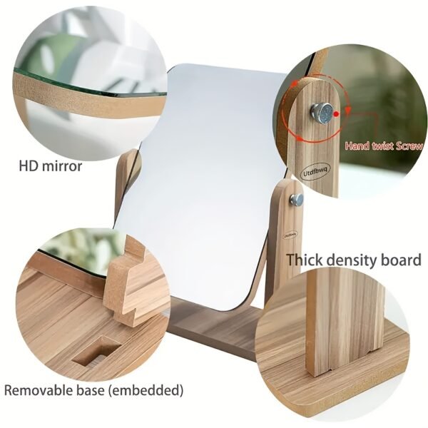 360° Rotatable Wooden Makeup Mirror with HD Glass & Adjustable Stand for Bedroom, Bathroom, and Vanity Table - Image 3