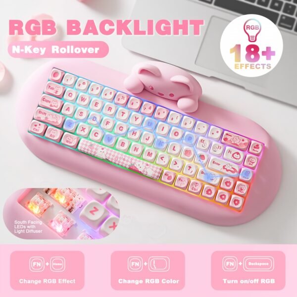 YUNZII C68 Triple Mode Mechanical Keyboard, Pink RGB, Hot-Swap, Gaming/Office, Win/Mac - Image 10