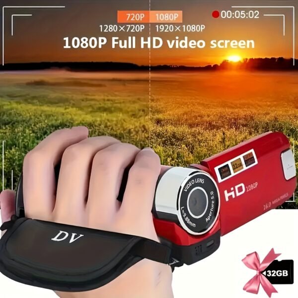 HD 1080P Camcorder – 16x Digital Zoom, 270° Flip Screen, 32GB Card, Wide-Angle, Portable Video Camera with LED, USB Charging - Image 12