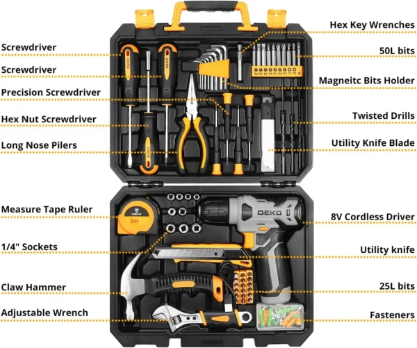 DEKO 126-Piece Tool Kit with 8V Cordless Drill and 10MM Keyless Chuck - Image 2