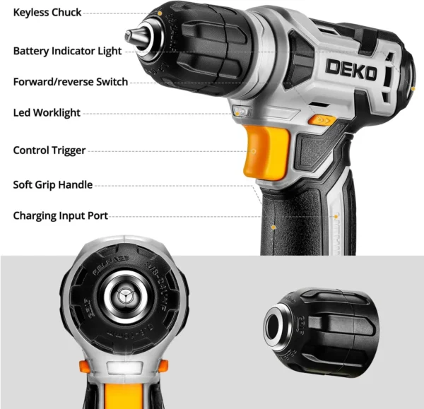 DEKO 126-Piece Tool Kit with 8V Cordless Drill and 10MM Keyless Chuck - Image 4