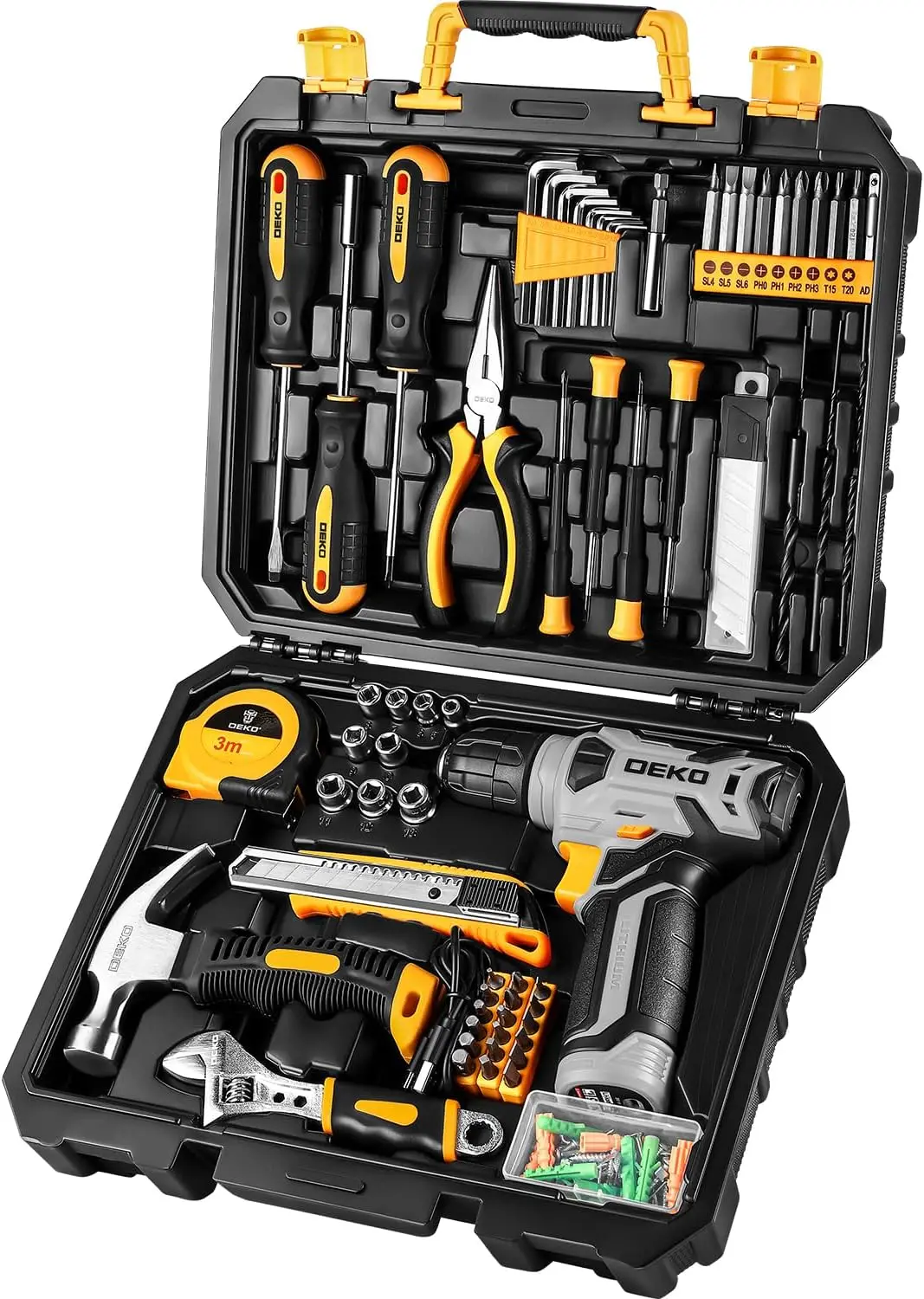 DEKO 126-Piece Tool Kit with 8V Cordless Drill and 10MM Keyless Chuck