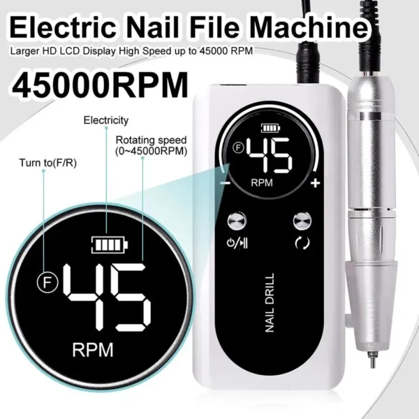 Portable 45000RPM Electric Nail Drill – Low Noise, Rechargeable - Image 2
