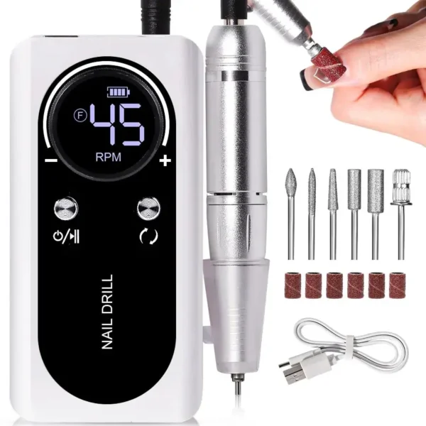 Portable 45000RPM Electric Nail Drill – Low Noise, Rechargeable