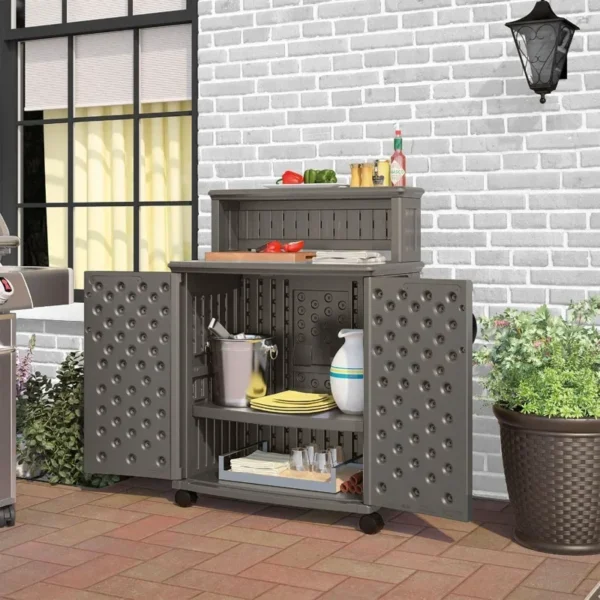 HOME Patio Plastic Storage and Prep Station with Decorative Wicker Pattern and Multi Wall Panels  Stoney Gray - Image 5