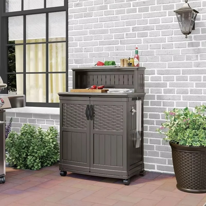 HOME Patio Plastic Storage and Prep Station with Decorative Wicker Pattern and Multi Wall Panels  Stoney Gray