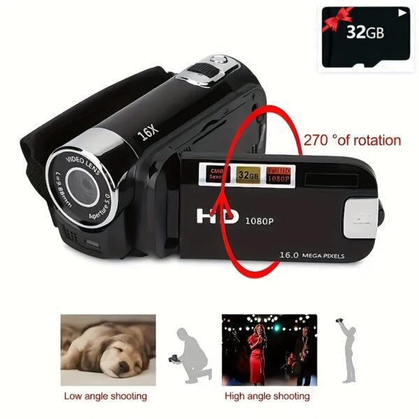 HD 1080P Camcorder – 16x Digital Zoom, 270° Flip Screen, 32GB Card, Wide-Angle, Portable Video Camera with LED, USB Charging - Image 10