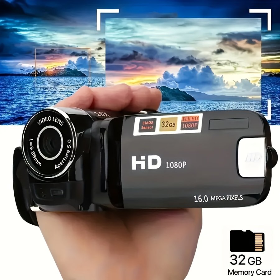 HD 1080P Camcorder – 16x Digital Zoom, 270° Flip Screen, 32GB Card, Wide-Angle, Portable Video Camera with LED, USB Charging