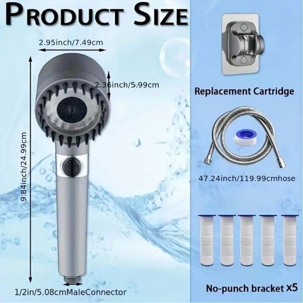 Multi-Setting Shower Head with Filter, Handheld + Wall Mount, Adjustable, Leak-Proof, 5 Filters - Image 3