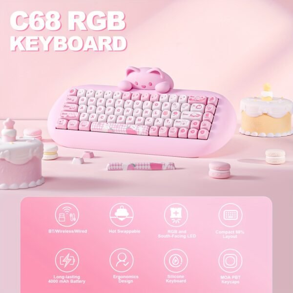 YUNZII C68 Triple Mode Mechanical Keyboard, Pink RGB, Hot-Swap, Gaming/Office, Win/Mac - Image 4