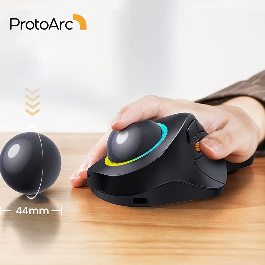 ProtoArc EM03 Multi-Device Wireless Trackball, Ergonomic RGB, Finger-Control, Rechargeable