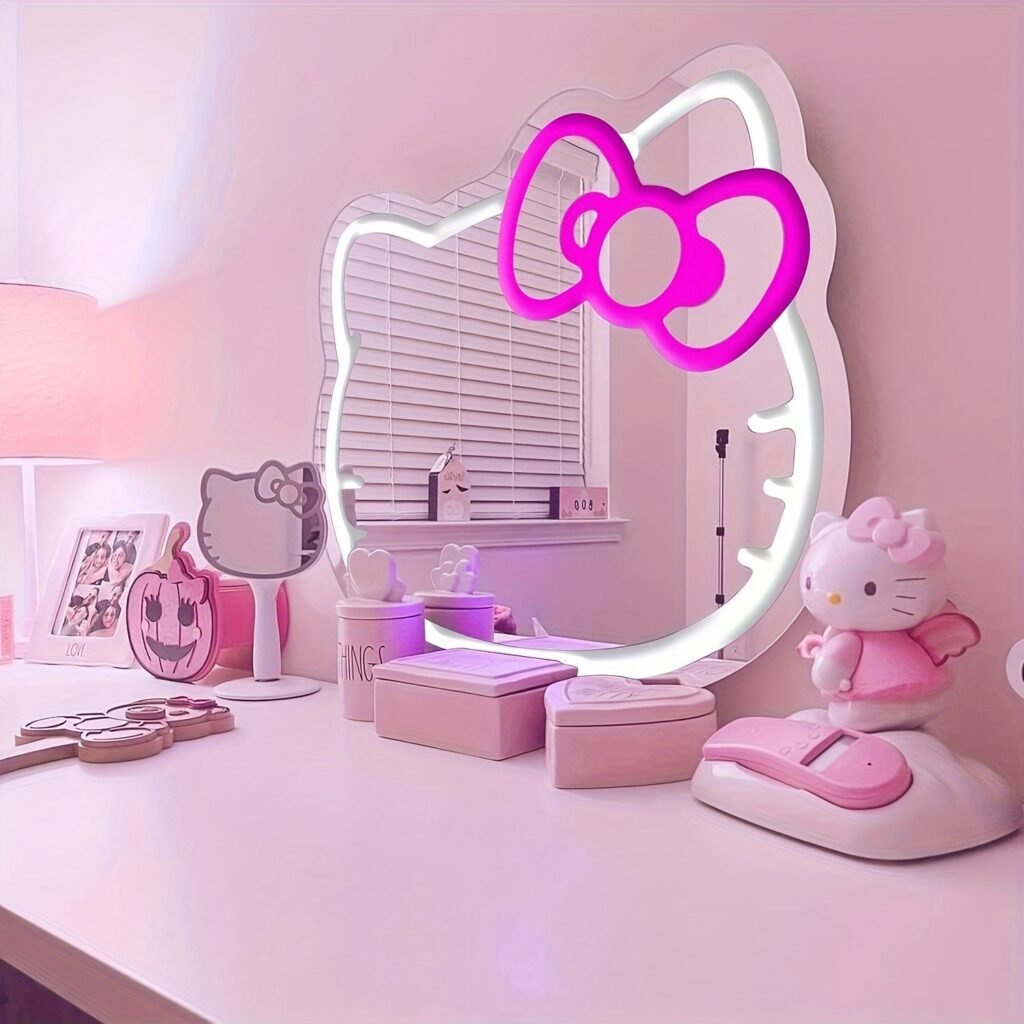 Hello Kitty Neon LED Makeup Mirror – Dimmable Light for Bedroom, Living Room & Hallway