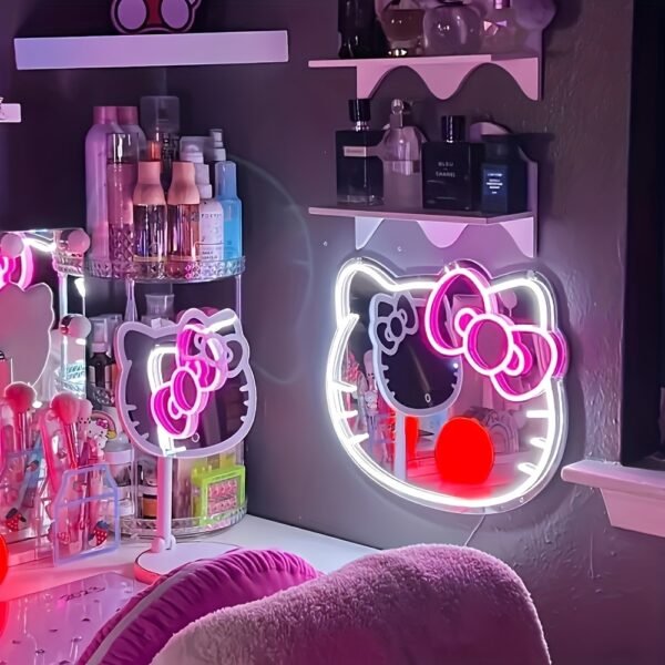 Hello Kitty Neon LED Makeup Mirror – Dimmable Light for Bedroom, Living Room & Hallway - Image 4
