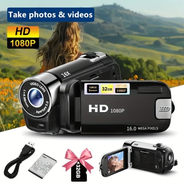 HD 1080P Camcorder – 16x Digital Zoom, 270° Flip Screen, 32GB Card, Wide-Angle, Portable Video Camera with LED, USB Charging - Image 2