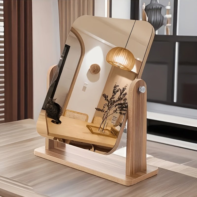 360° Rotatable Wooden Makeup Mirror with HD Glass & Adjustable Stand for Bedroom, Bathroom, and Vanity Table